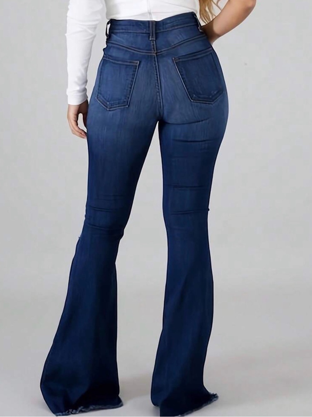 High-Waist Distressed Flare Jeans - Dark Blue - Picture 3 of 5